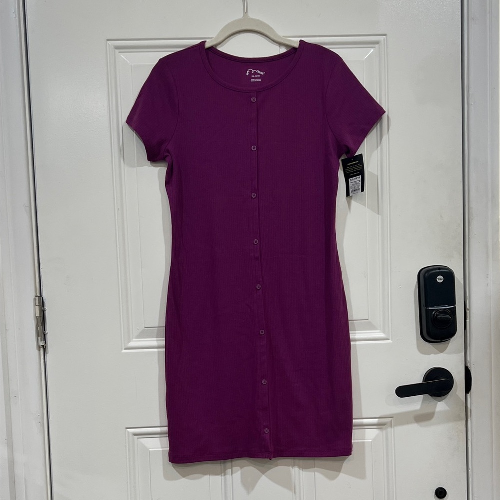 art class Purple Ribbed short sleeve faux Button-Front Mini Dress